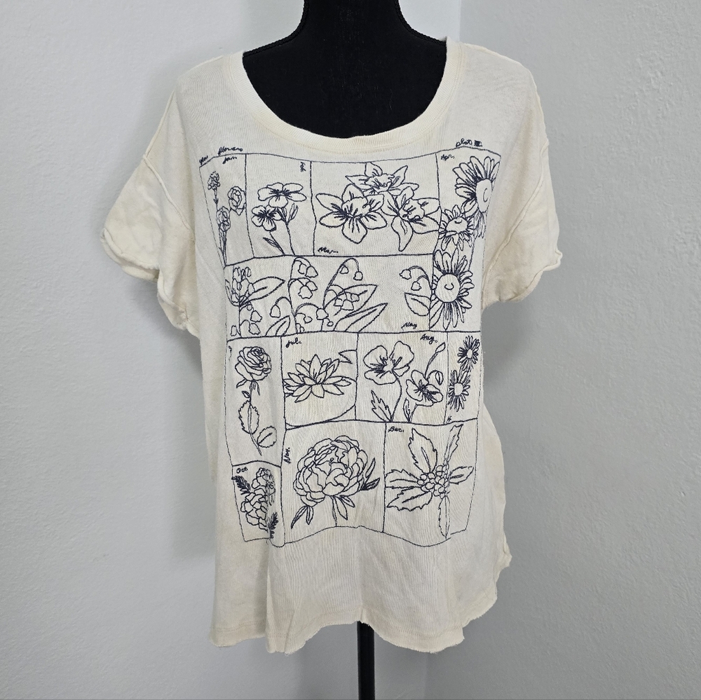 Free People Cream Floral Grid Tee
